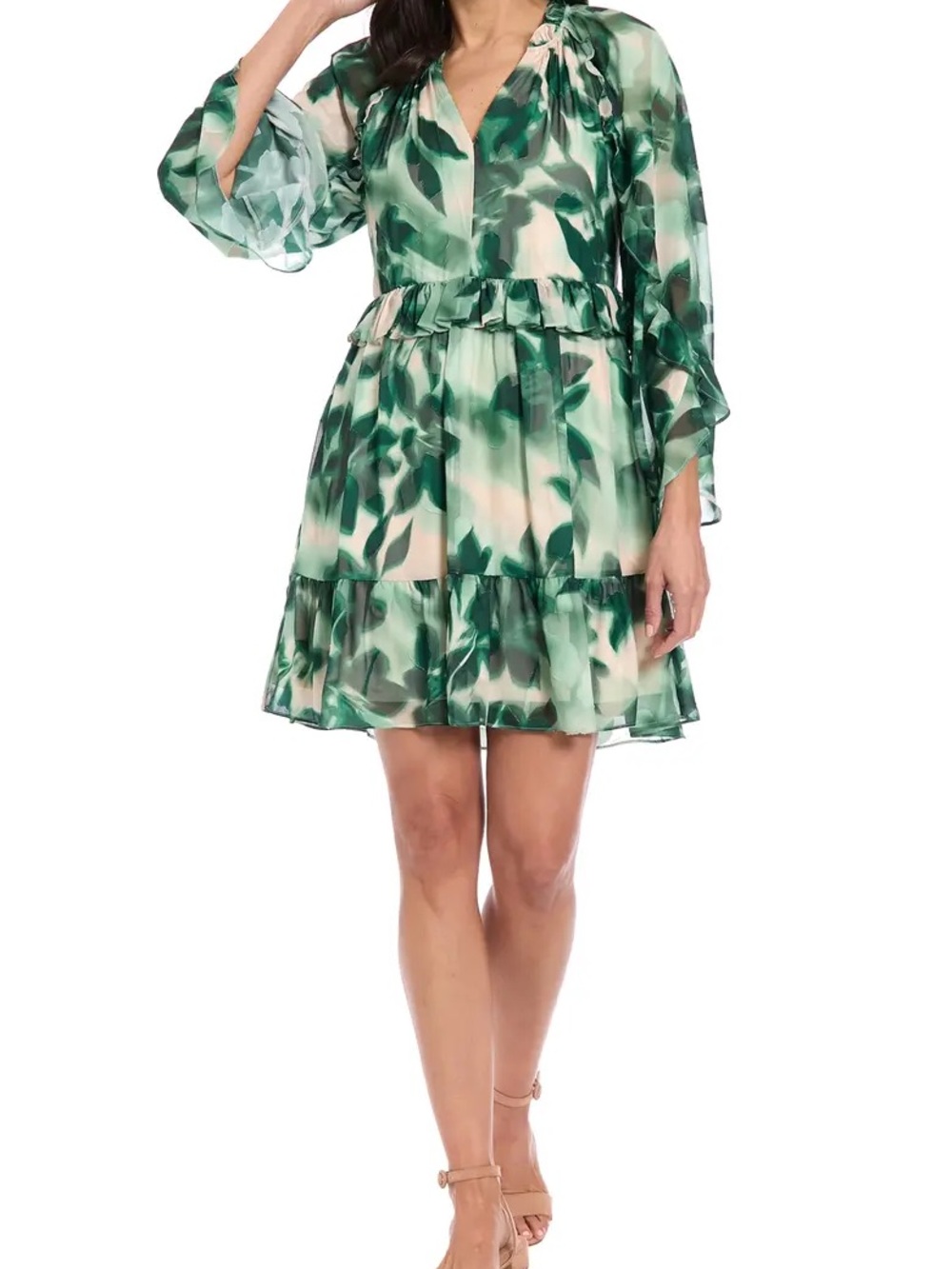London Times Green Leaf-Print Tiered Mini Dress